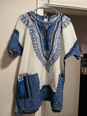 Big Mama Blue and White Dashiki Tunic Top